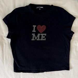 Fashion Nova black baby tee with 'I ❤️ ME' graphic in rhinestones